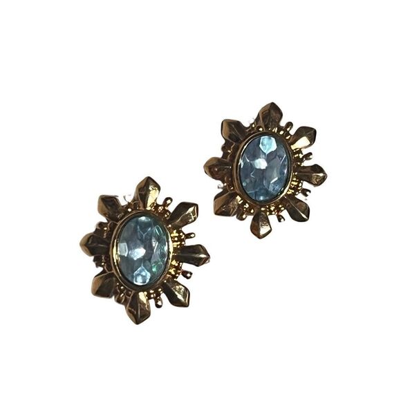Vintage Avon Gold Tone Starburst Blue Rhinestone Clip On Earrings - Picture 2 of 11